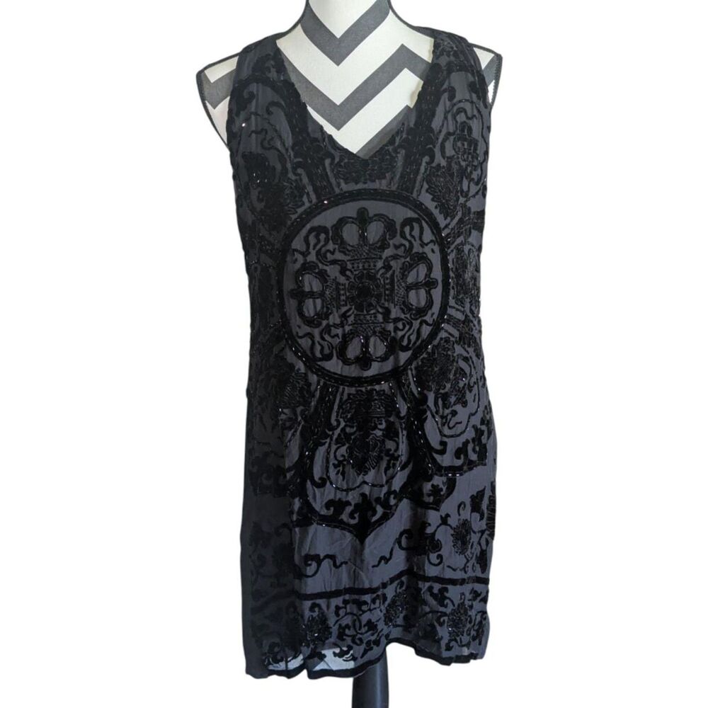 Hale Bob Black Sequin Embellished Velvet Burnout Mini Dress Tank M